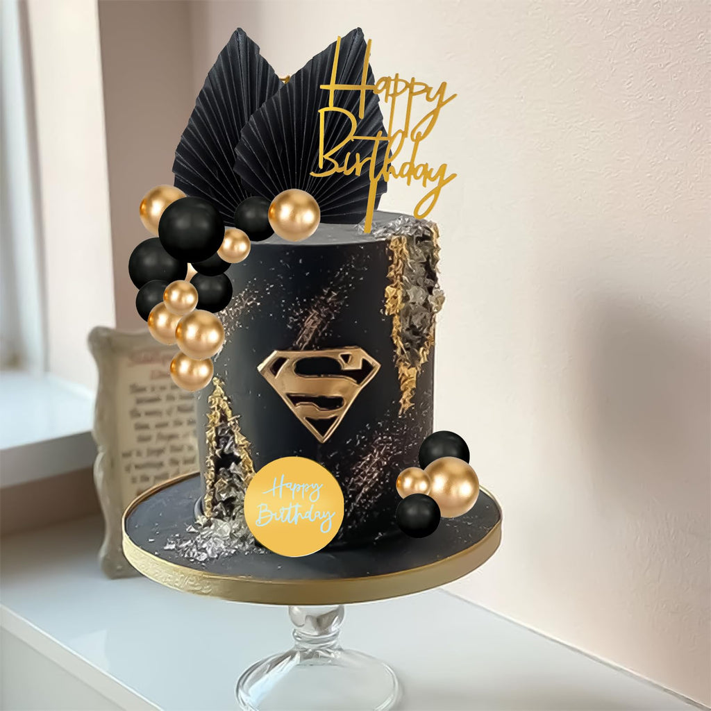MEMOVAN 26pcs Black Gold Boho Cake Topper Set with Palm Leaves and Balls for Bohemian Birthday Wedding Baby Shower