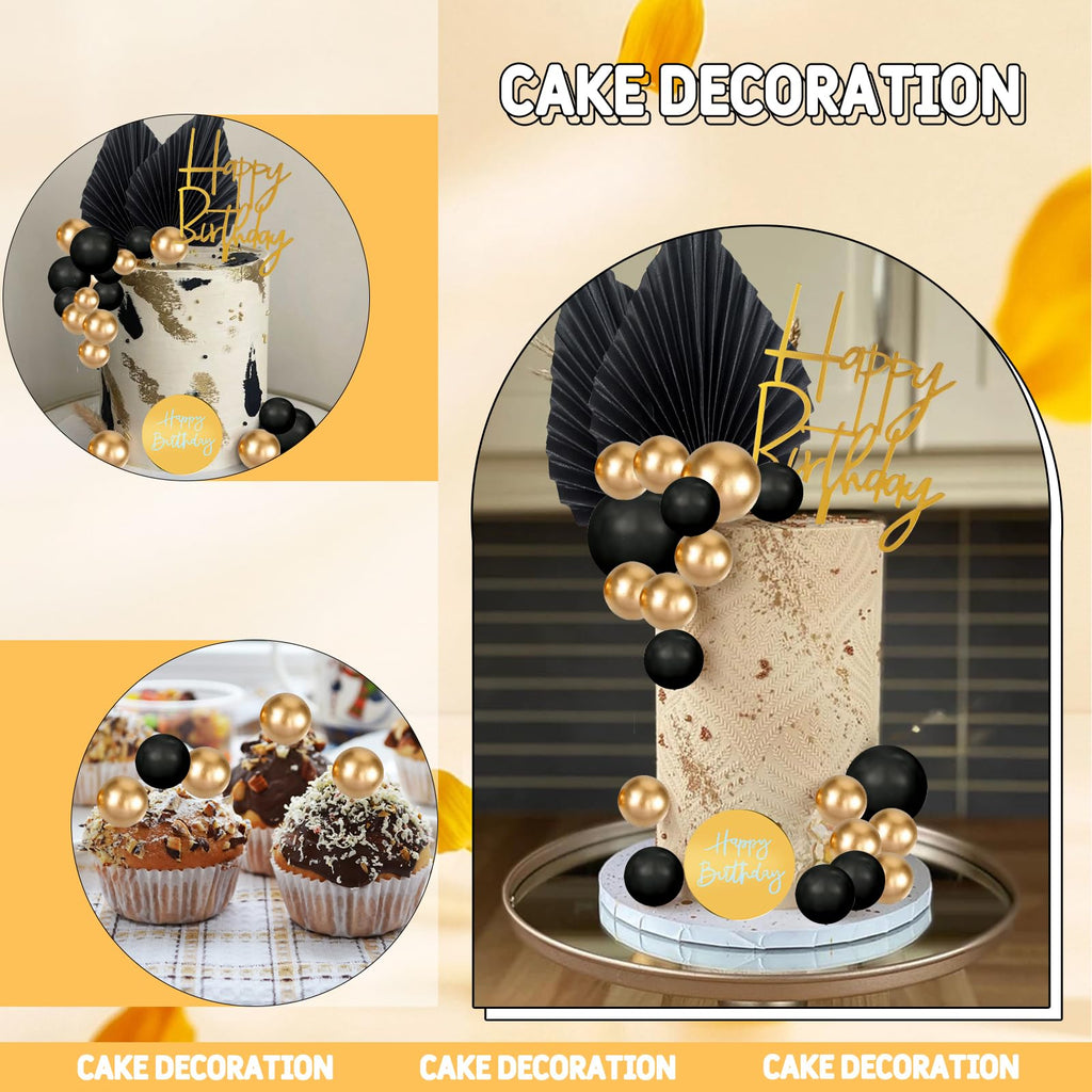 MEMOVAN 26pcs Black Gold Boho Cake Topper Set with Palm Leaves and Balls for Bohemian Birthday Wedding Baby Shower