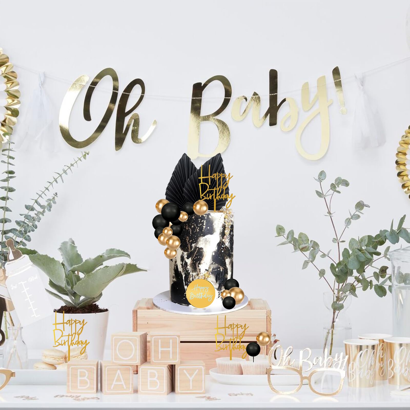 MEMOVAN 26pcs Black Gold Boho Cake Topper Set with Palm Leaves and Balls for Bohemian Birthday Wedding Baby Shower