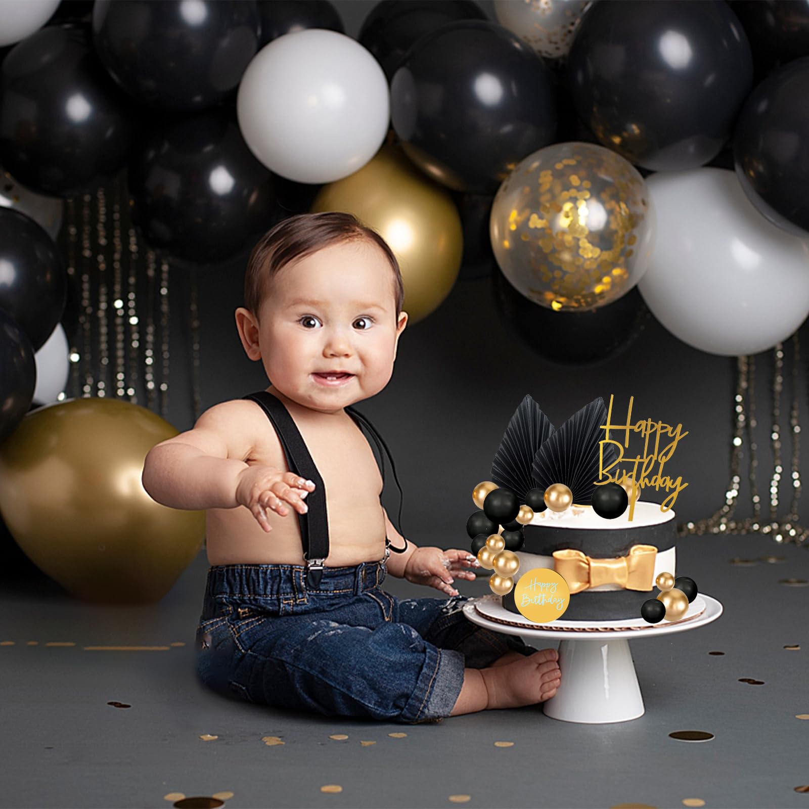 MEMOVAN 26pcs Black Gold Boho Cake Topper Set with Palm Leaves and Balls for Bohemian Birthday Wedding Baby Shower