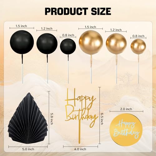 MEMOVAN 26pcs Black Gold Boho Cake Topper Set with Palm Leaves and Balls for Bohemian Birthday Wedding Baby Shower