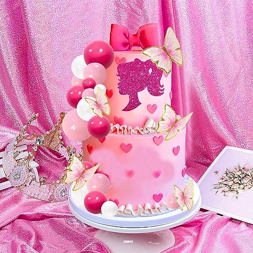 MEMOVAN 27-Piece Hot Pink Girl Cake Toppers Set – Butterfly, Ball & Princess Theme for Birthday, Baby Shower, Wedding
