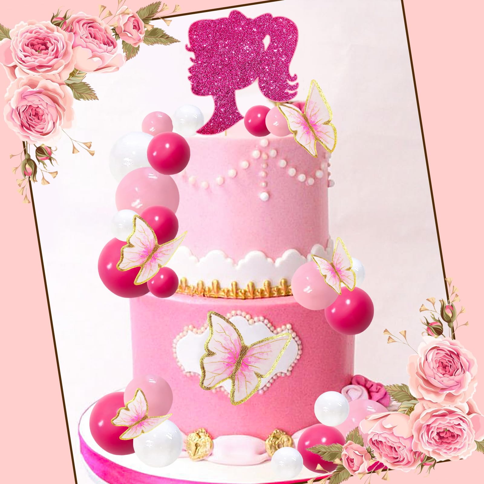 MEMOVAN 27-Piece Hot Pink Girl Cake Toppers Set – Butterfly, Ball & Princess Theme for Birthday, Baby Shower, Wedding