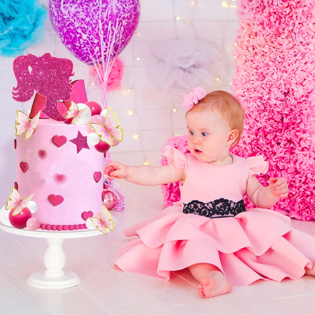 MEMOVAN 27-Piece Hot Pink Girl Cake Toppers Set – Butterfly, Ball & Princess Theme for Birthday, Baby Shower, Wedding