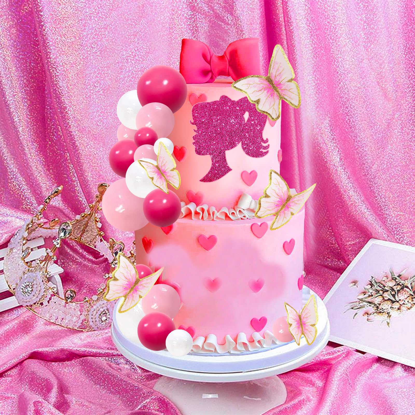 MEMOVAN 27-Piece Hot Pink Girl Cake Toppers Set – Butterfly, Ball & Princess Theme for Birthday, Baby Shower, Wedding