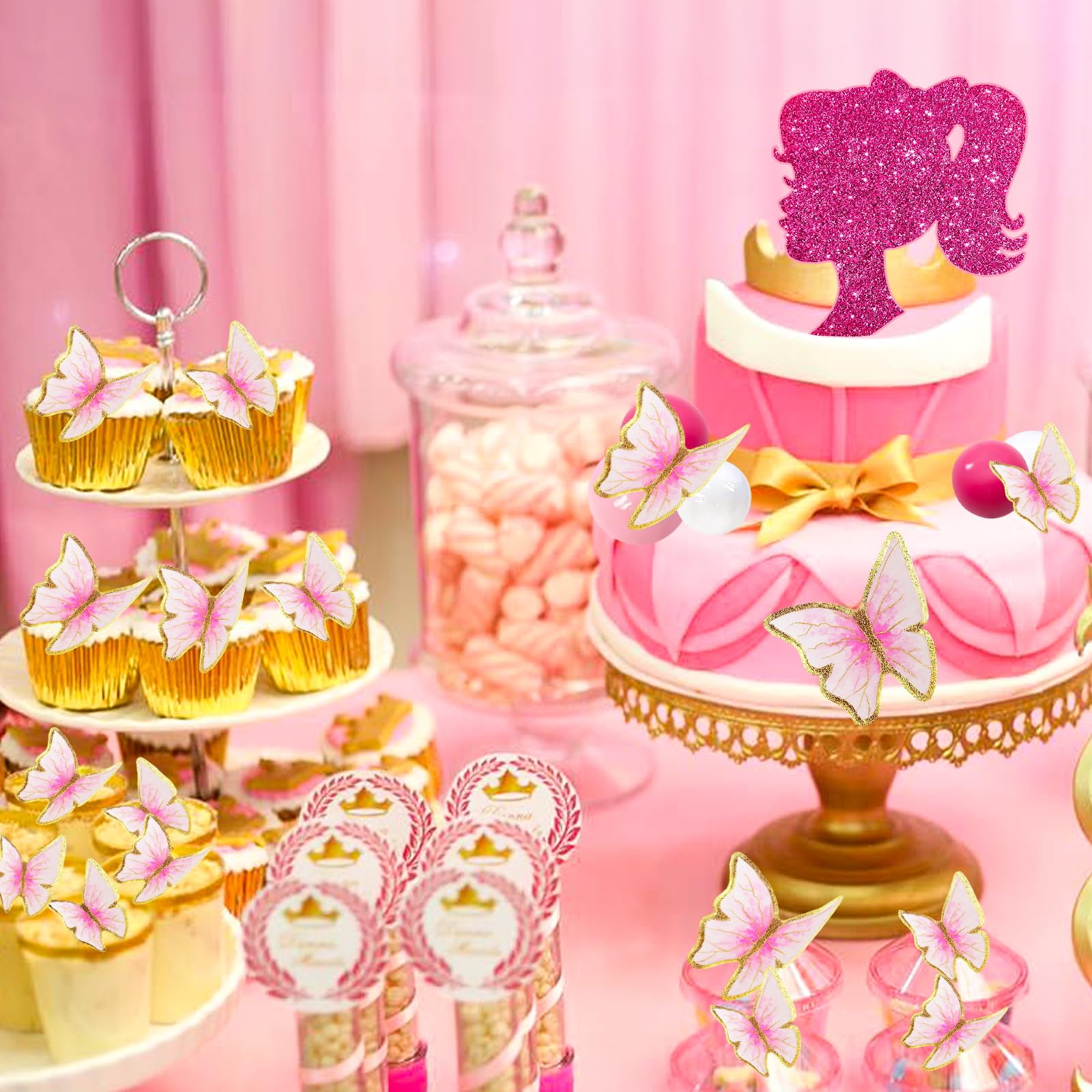 MEMOVAN 27-Piece Hot Pink Girl Cake Toppers Set – Butterfly, Ball & Princess Theme for Birthday, Baby Shower, Wedding