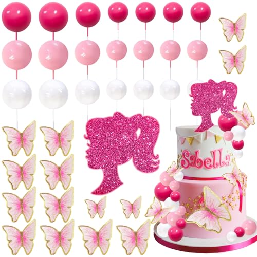 MEMOVAN 27-Piece Hot Pink Girl Cake Toppers Set – Butterfly, Ball & Princess Theme for Birthday, Baby Shower, Wedding