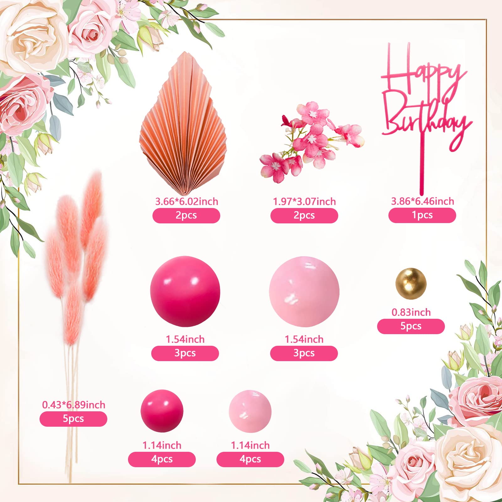 MEMOVAN 29-Piece Boho Hot Pink Gold Cake Topper Set with Palm Leaves and Flowers for Birthday, Baby Shower, Wedding