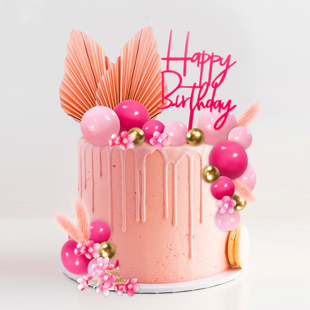 MEMOVAN 29-Piece Boho Hot Pink Gold Cake Topper Set with Palm Leaves and Flowers for Birthday, Baby Shower, Wedding
