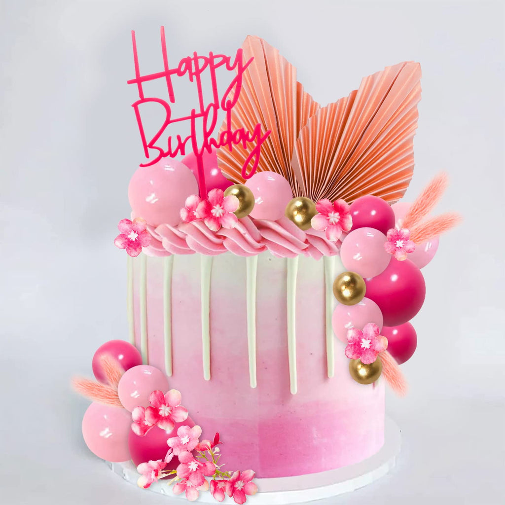 MEMOVAN 29-Piece Boho Hot Pink Gold Cake Topper Set with Palm Leaves and Flowers for Birthday, Baby Shower, Wedding