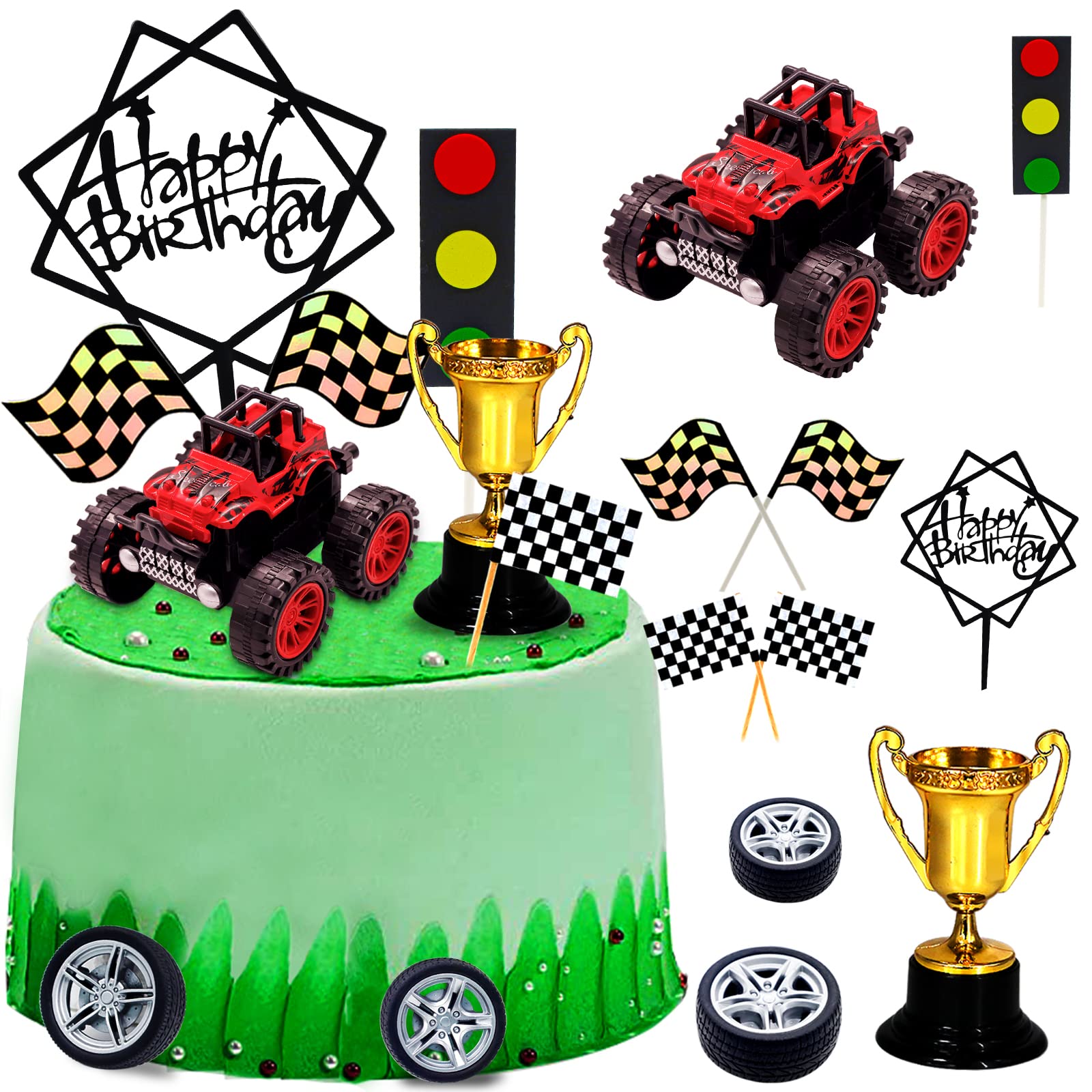 MEMOVAN 30-Piece Truck Cake Toppers Set for Racing Birthday Party