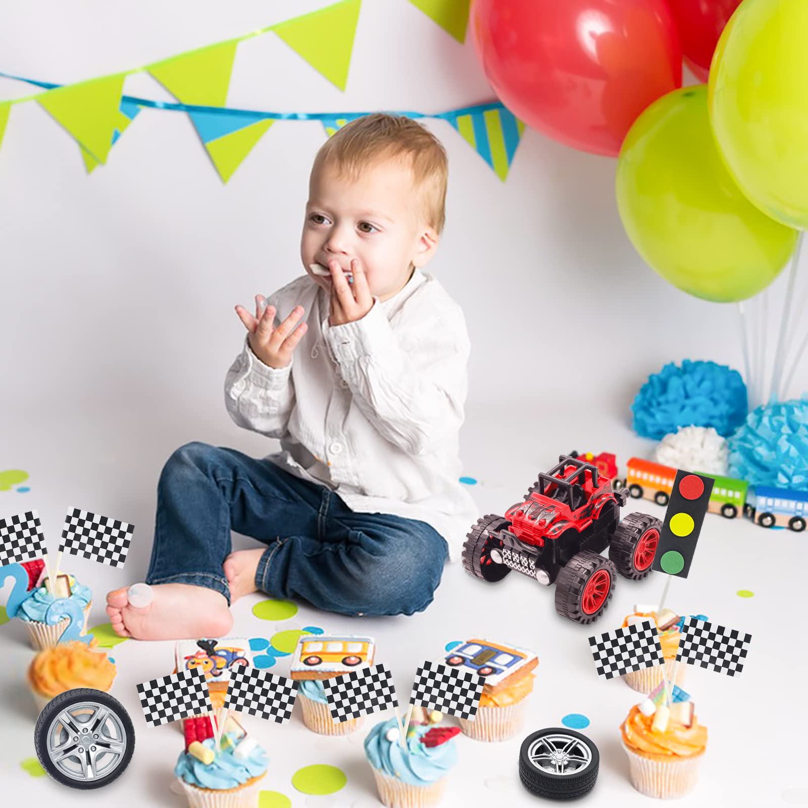 MEMOVAN 30-Piece Truck Cake Toppers Set for Racing Birthday Party