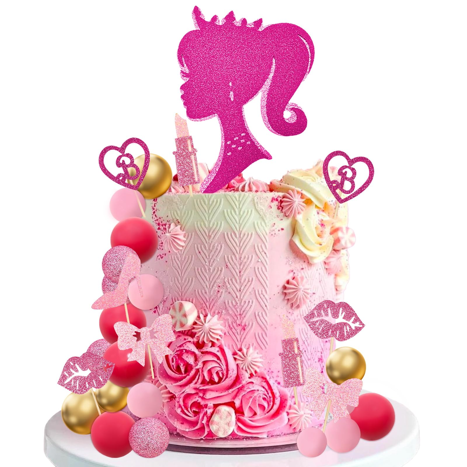 MEMOVAN 31-Piece Hot Pink Girl Cake Topper Set - Princess Makeup Theme with High Heels, Lipstick, Lips, Bows, and Glitter Balls