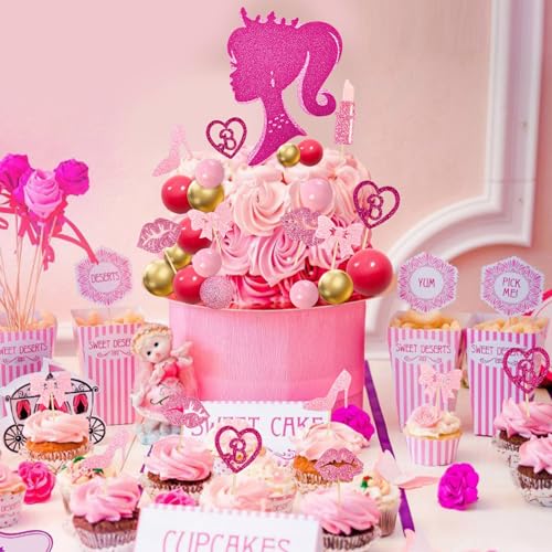 MEMOVAN 31-Piece Hot Pink Girl Cake Topper Set - Princess Makeup Theme with High Heels, Lipstick, Lips, Bows, and Glitter Balls