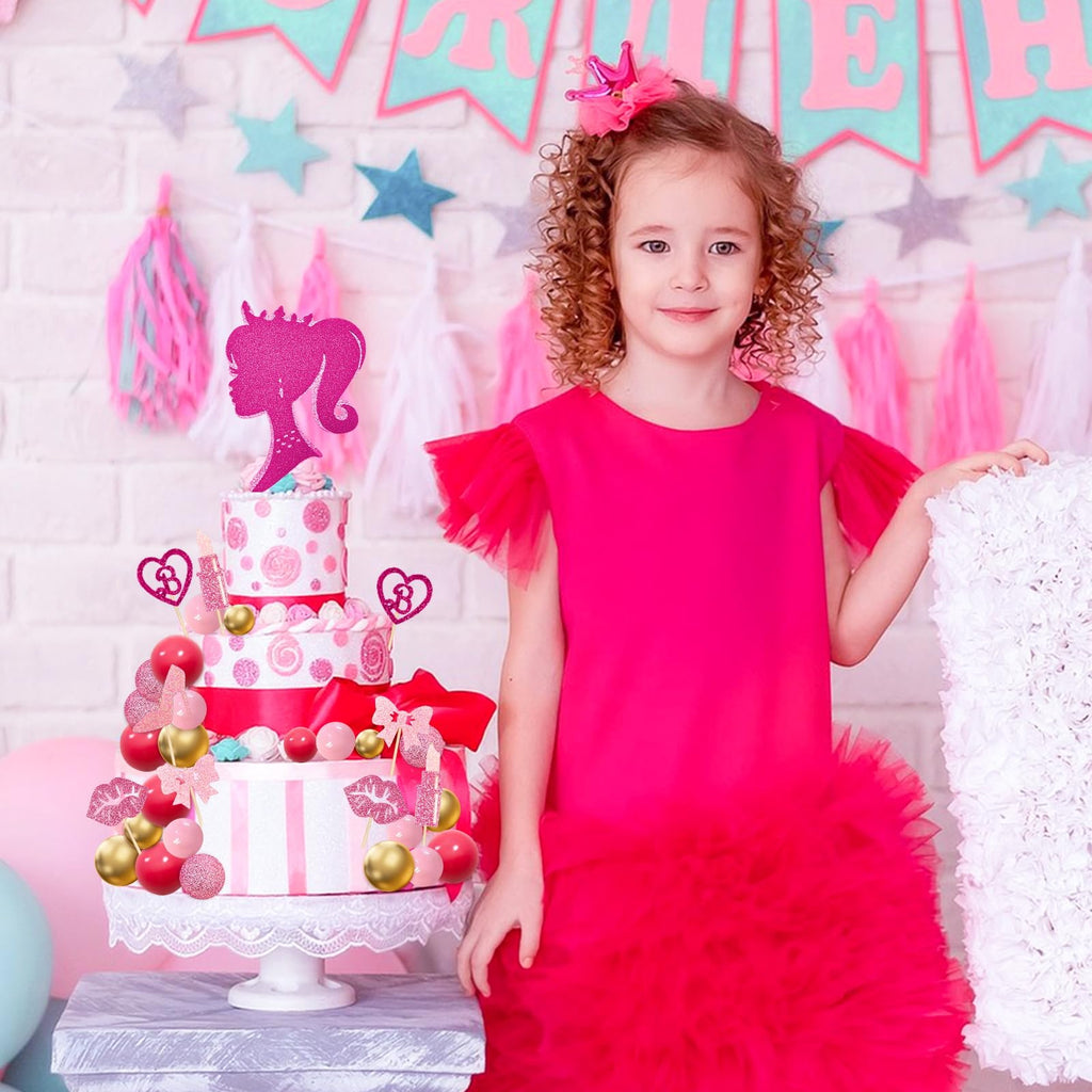 MEMOVAN 31-Piece Hot Pink Girl Cake Topper Set - Princess Makeup Theme with High Heels, Lipstick, Lips, Bows, and Glitter Balls