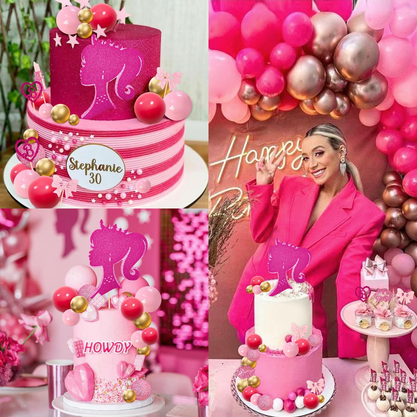 MEMOVAN 31-Piece Hot Pink Girl Cake Topper Set - Princess Makeup Theme with High Heels, Lipstick, Lips, Bows, and Glitter Balls