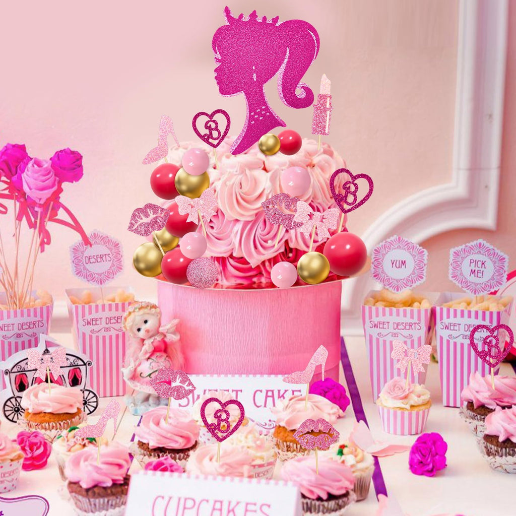 MEMOVAN 31-Piece Hot Pink Girl Cake Topper Set - Princess Makeup Theme with High Heels, Lipstick, Lips, Bows, and Glitter Balls