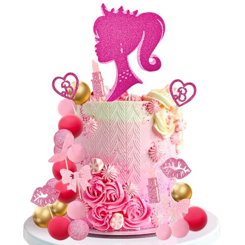 MEMOVAN 31-Piece Hot Pink Girl Cake Topper Set - Princess Makeup Theme with High Heels, Lipstick, Lips, Bows, and Glitter Balls