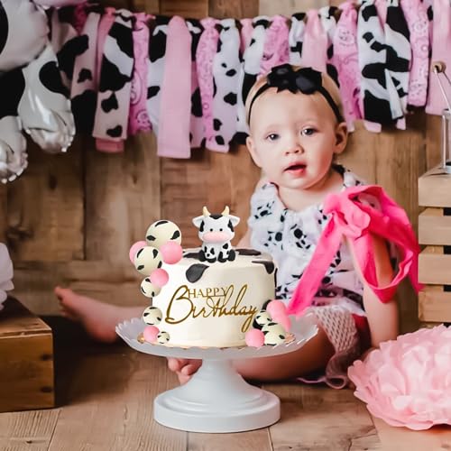 MEMOVAN Cow Cake Topper Set - 14-Piece Farm Theme Decorations with Cow Figurine and Ball Picks