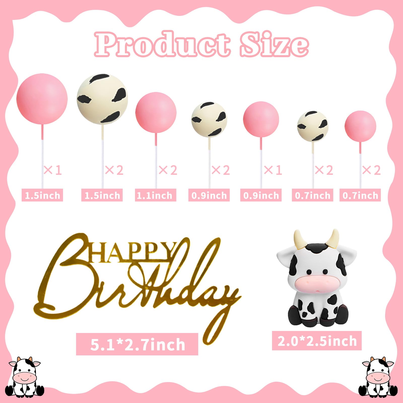 MEMOVAN Cow Cake Topper Set - 14-Piece Farm Theme Decorations with Cow Figurine and Ball Picks