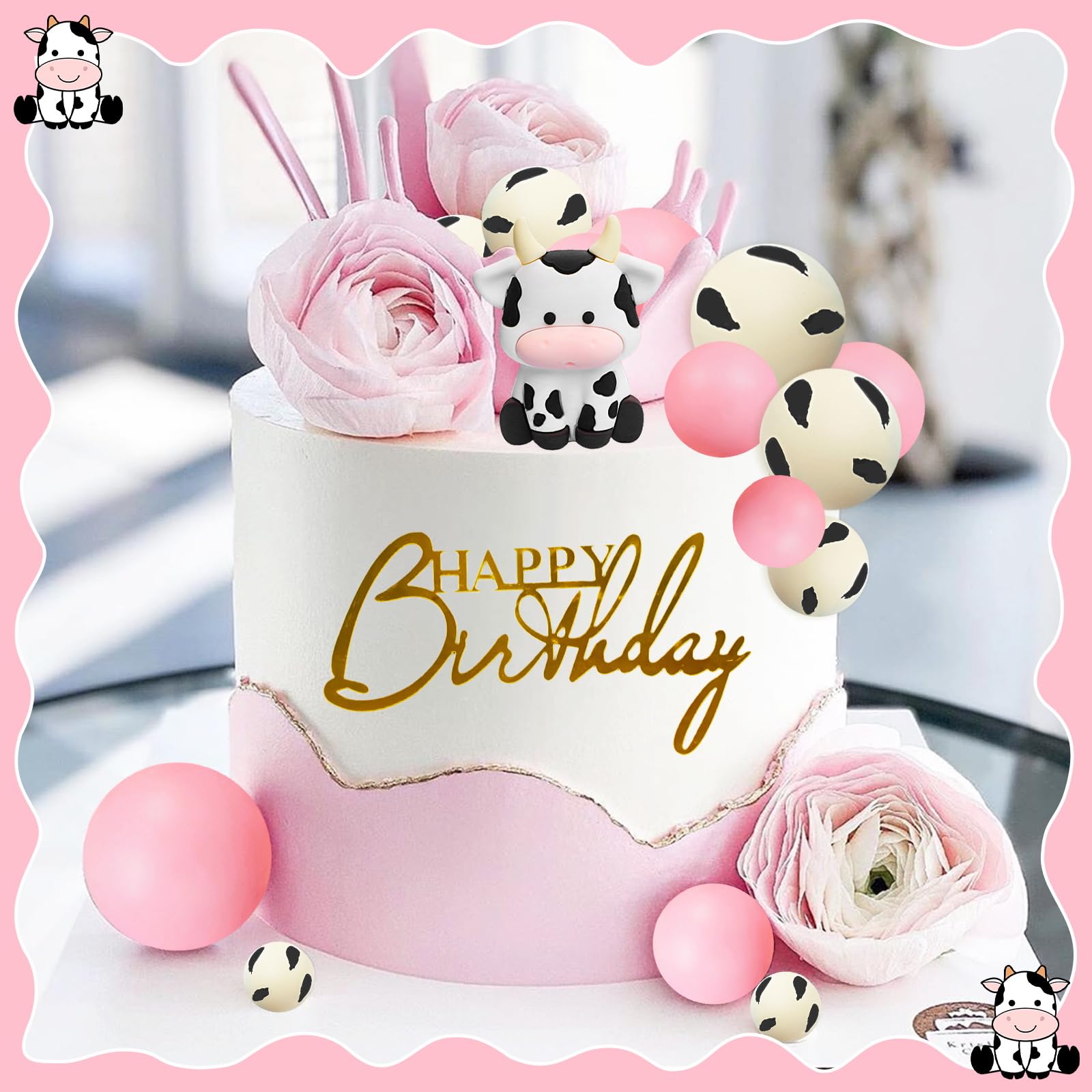 MEMOVAN Cow Cake Topper Set - 14-Piece Farm Theme Decorations with Cow Figurine and Ball Picks