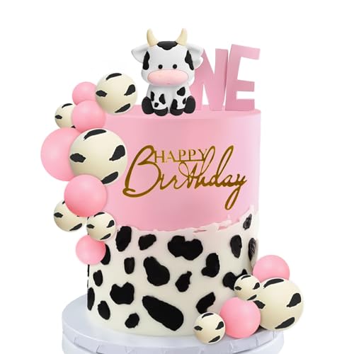 MEMOVAN Cow Cake Topper Set - 14-Piece Farm Theme Decorations with Cow Figurine and Ball Picks