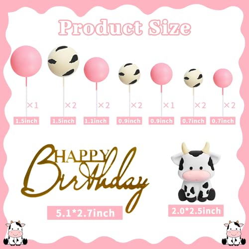 MEMOVAN Cow Cake Topper Set - 14-Piece Farm Theme Decorations with Cow Figurine and Ball Picks