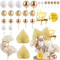 MEMOVAN White Gold Ball Cake Toppers with Palm Leaves - Boho Birthday Party Decorations