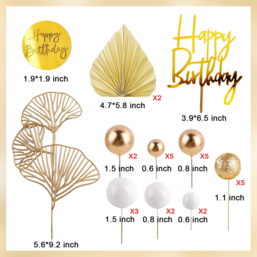MEMOVAN White Gold Ball Cake Toppers with Palm Leaves - Boho Birthday Party Decorations