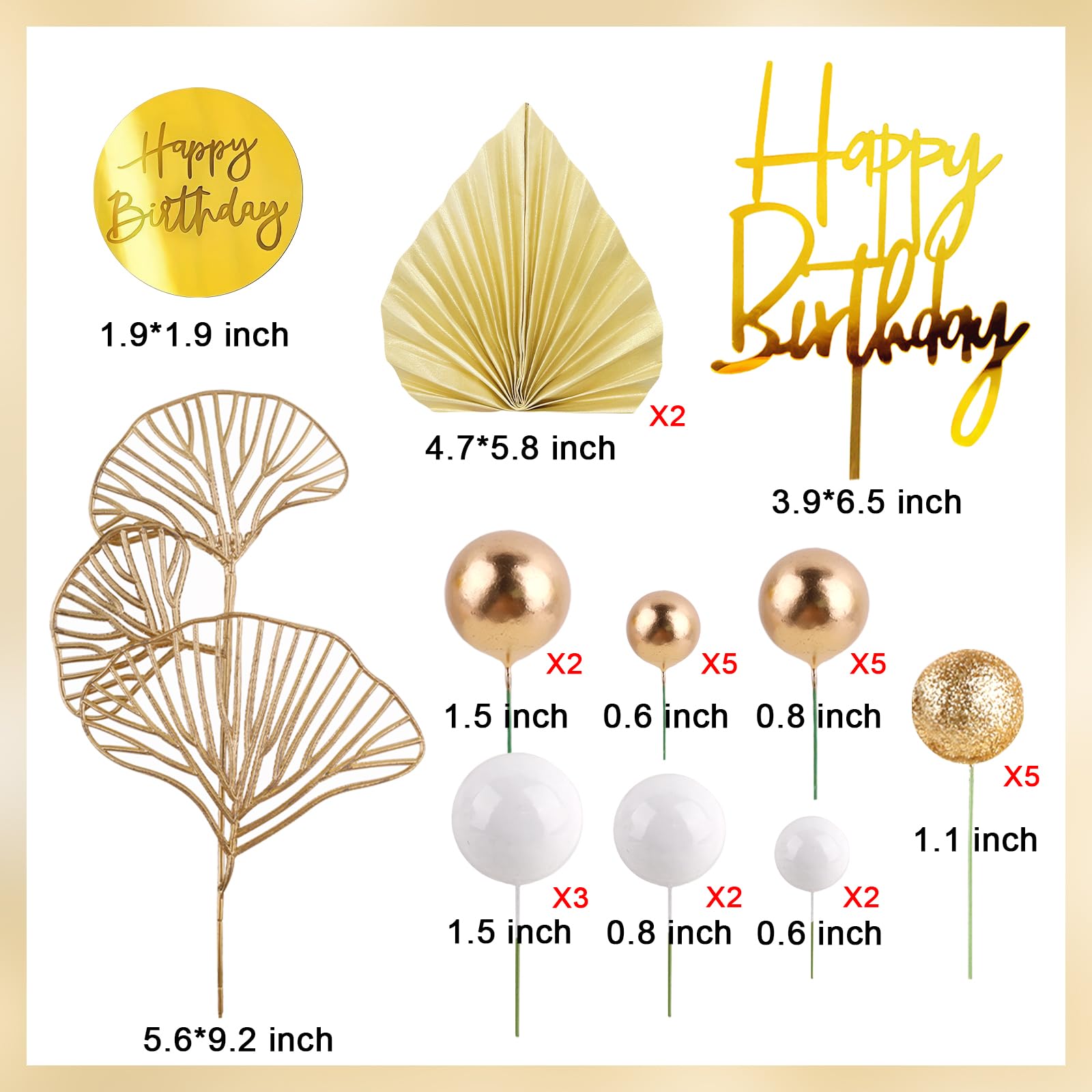 MEMOVAN White Gold Ball Cake Toppers with Palm Leaves - Boho Birthday Party Decorations
