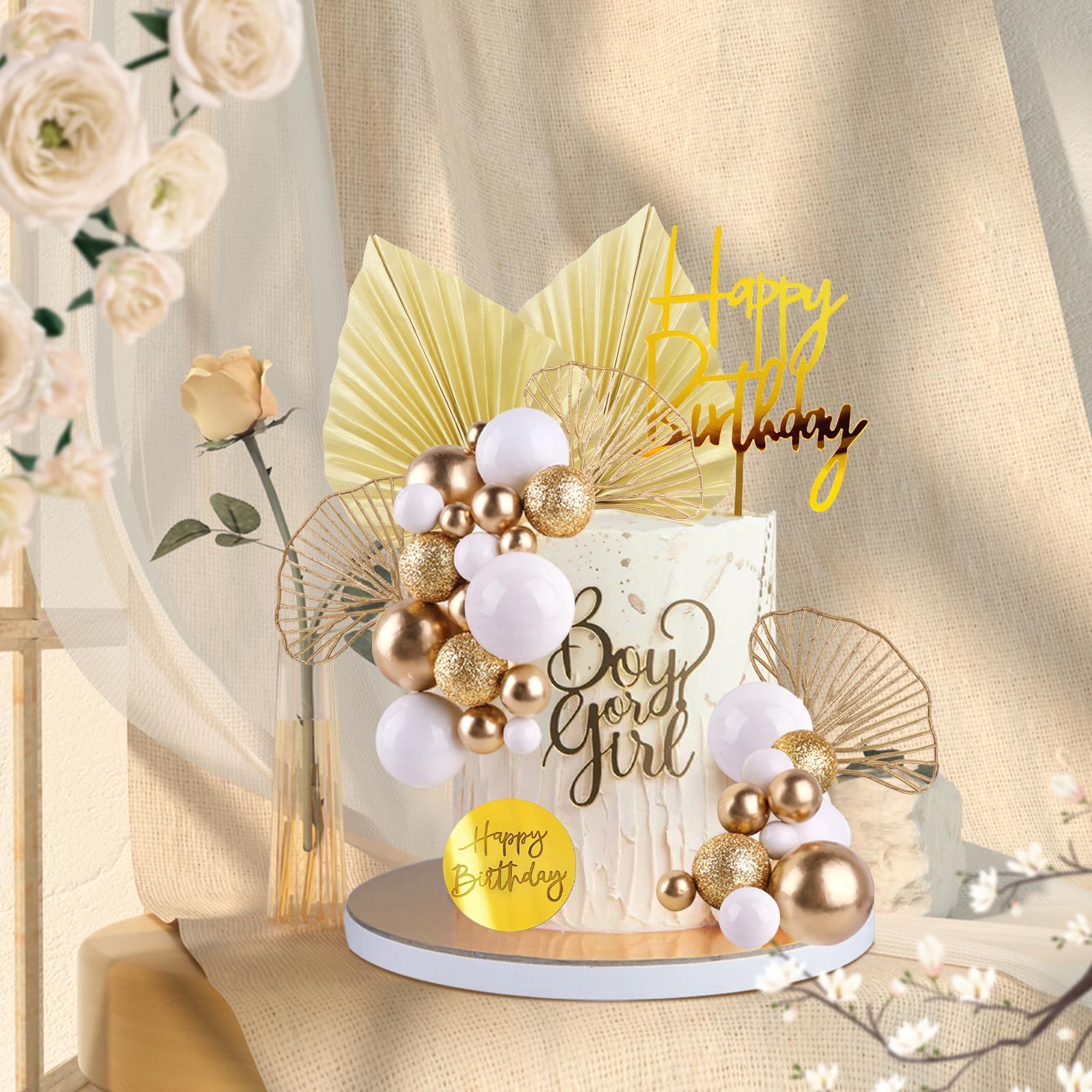 MEMOVAN White Gold Ball Cake Toppers with Palm Leaves - Boho Birthday Party Decorations