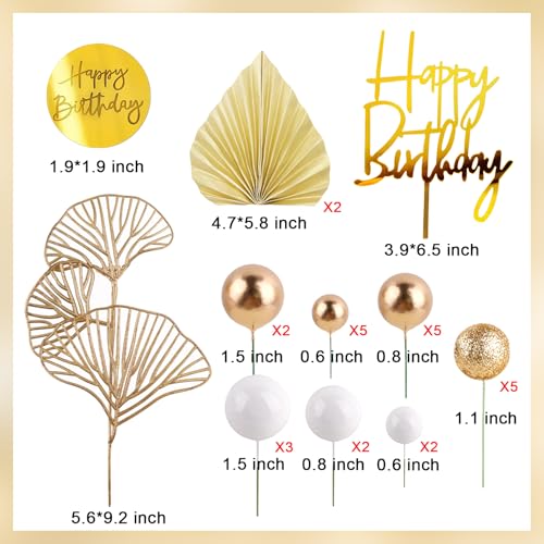 MEMOVAN White Gold Ball Cake Toppers with Palm Leaves - Boho Birthday Party Decorations