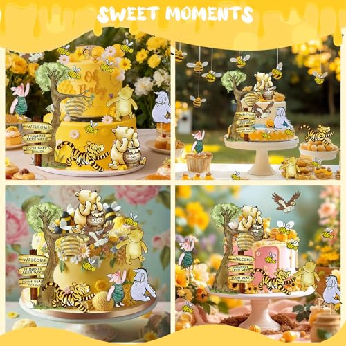 MEMOVAN Winnie Bear Cake Topper Set – 10 Cards + 12 Bamboo Sticks for Baby Shower & Birthday Parties