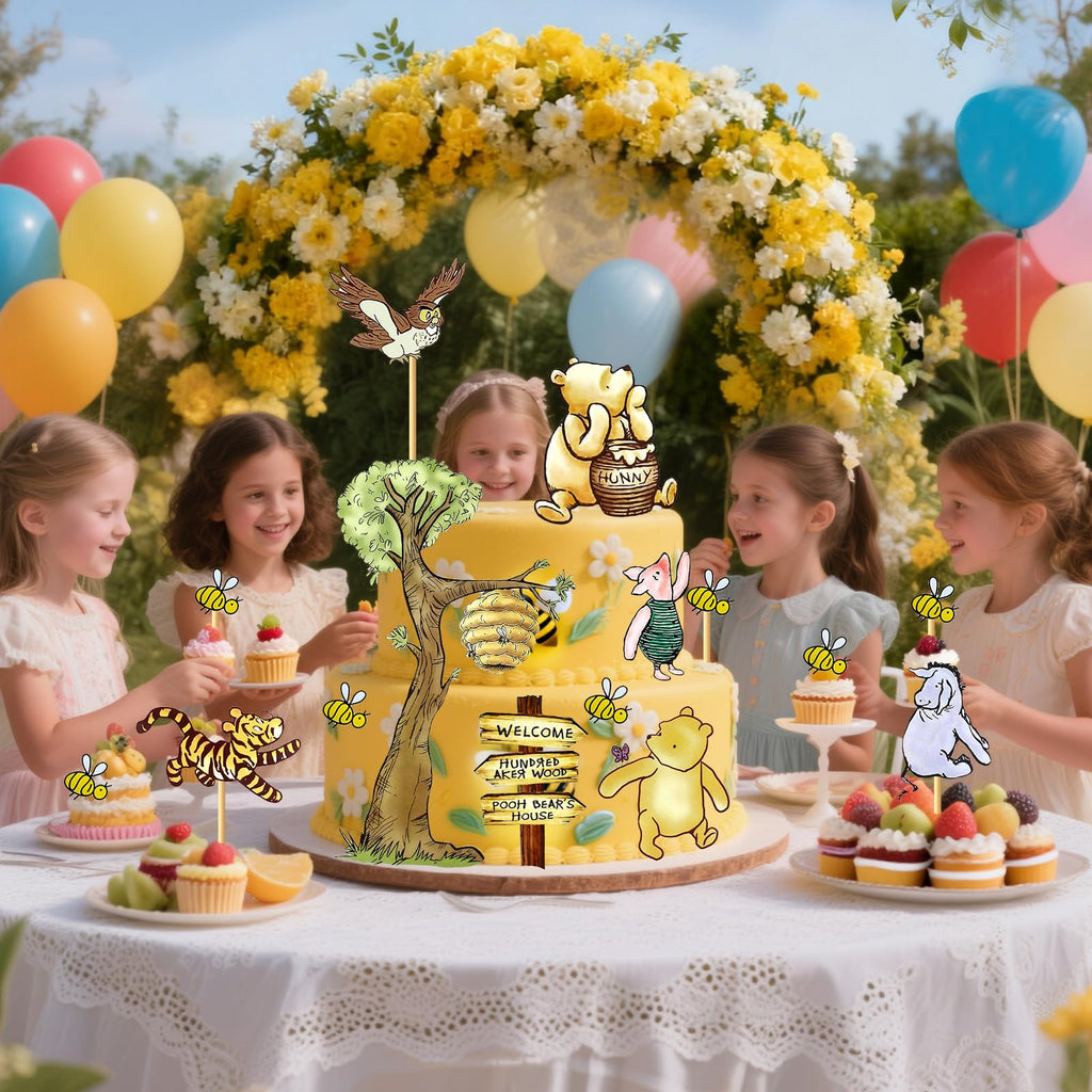 MEMOVAN Winnie Bear Cake Topper Set – 10 Cards + 12 Bamboo Sticks for Baby Shower & Birthday Parties