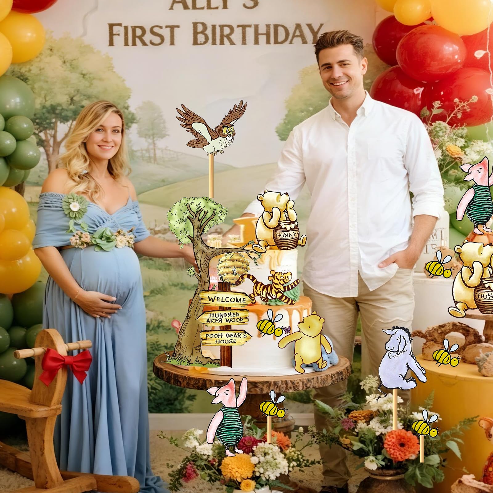 MEMOVAN Winnie Bear Cake Topper Set – 10 Cards + 12 Bamboo Sticks for Baby Shower & Birthday Parties