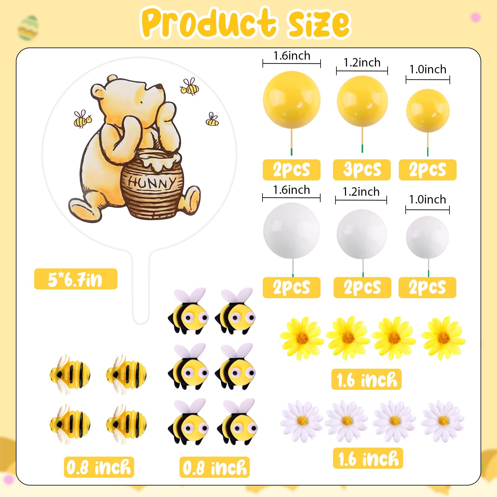 MEMOVAN Winnie the Pooh Cake Topper Set – 33 Pieces with Acrylic Sign, Bees, Daisies, and Balls for Baby Shower & Birthday