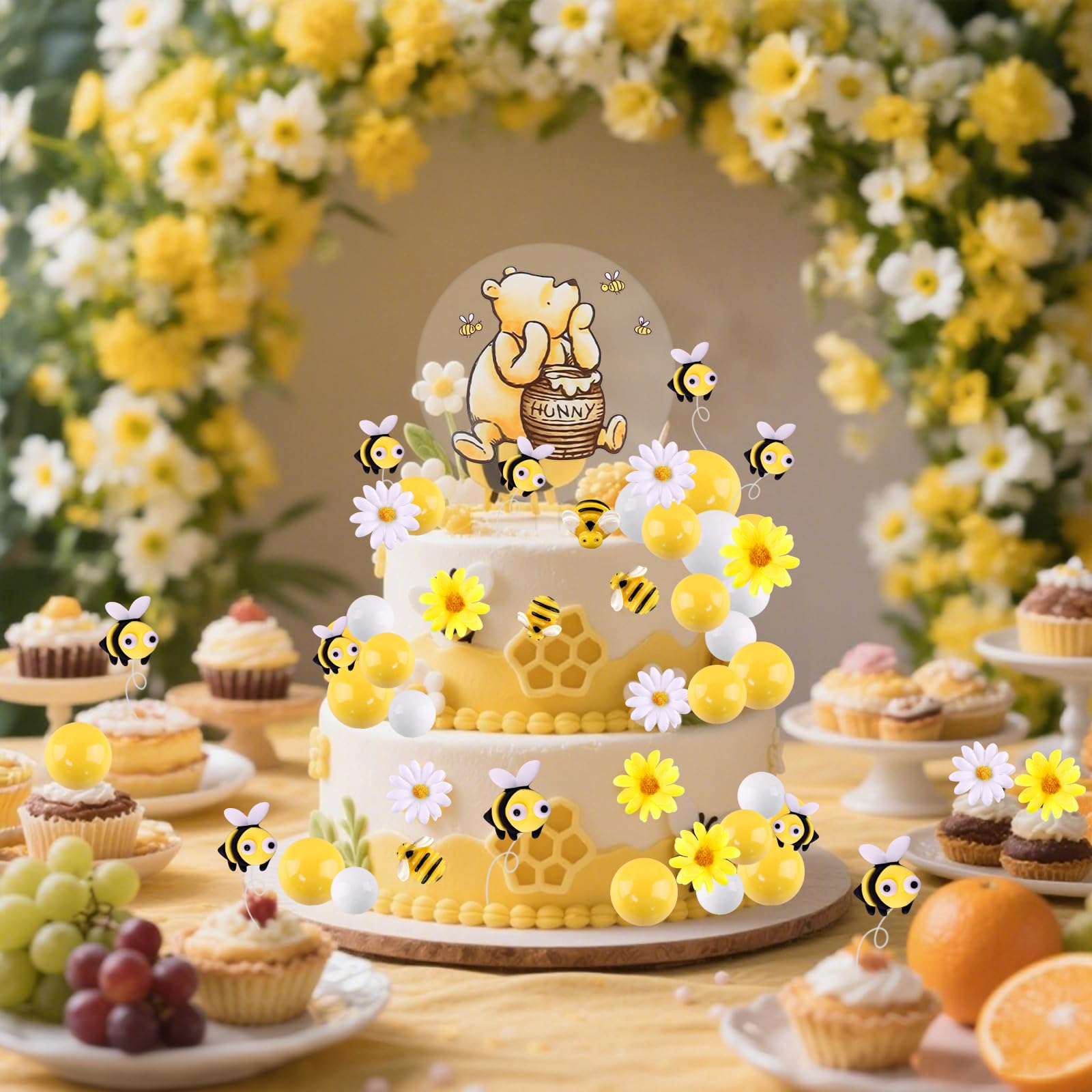 MEMOVAN Winnie the Pooh Cake Topper Set – 33 Pieces with Acrylic Sign, Bees, Daisies, and Balls for Baby Shower & Birthday