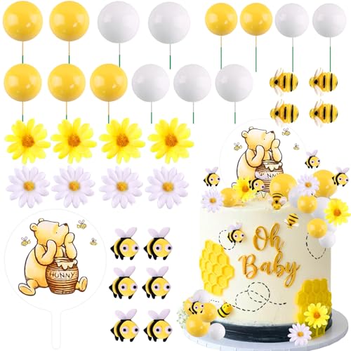 MEMOVAN Winnie the Pooh Cake Topper Set – 33 Pieces with Acrylic Sign, Bees, Daisies, and Balls for Baby Shower & Birthday