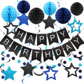 meowtastic Black & Blue Birthday Party Decorations Kit: Banner, Honeycomb Balls, Stars Streamers, Circle Garland