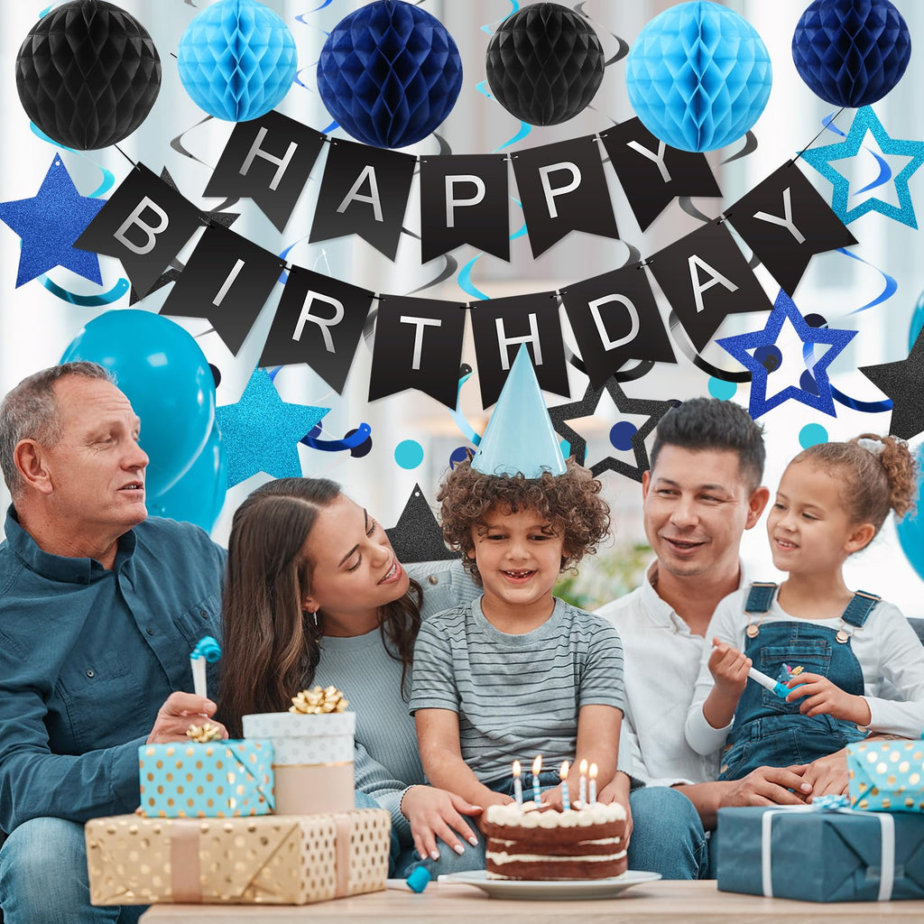 meowtastic Black & Blue Birthday Party Decorations Kit: Banner, Honeycomb Balls, Stars Streamers, Circle Garland
