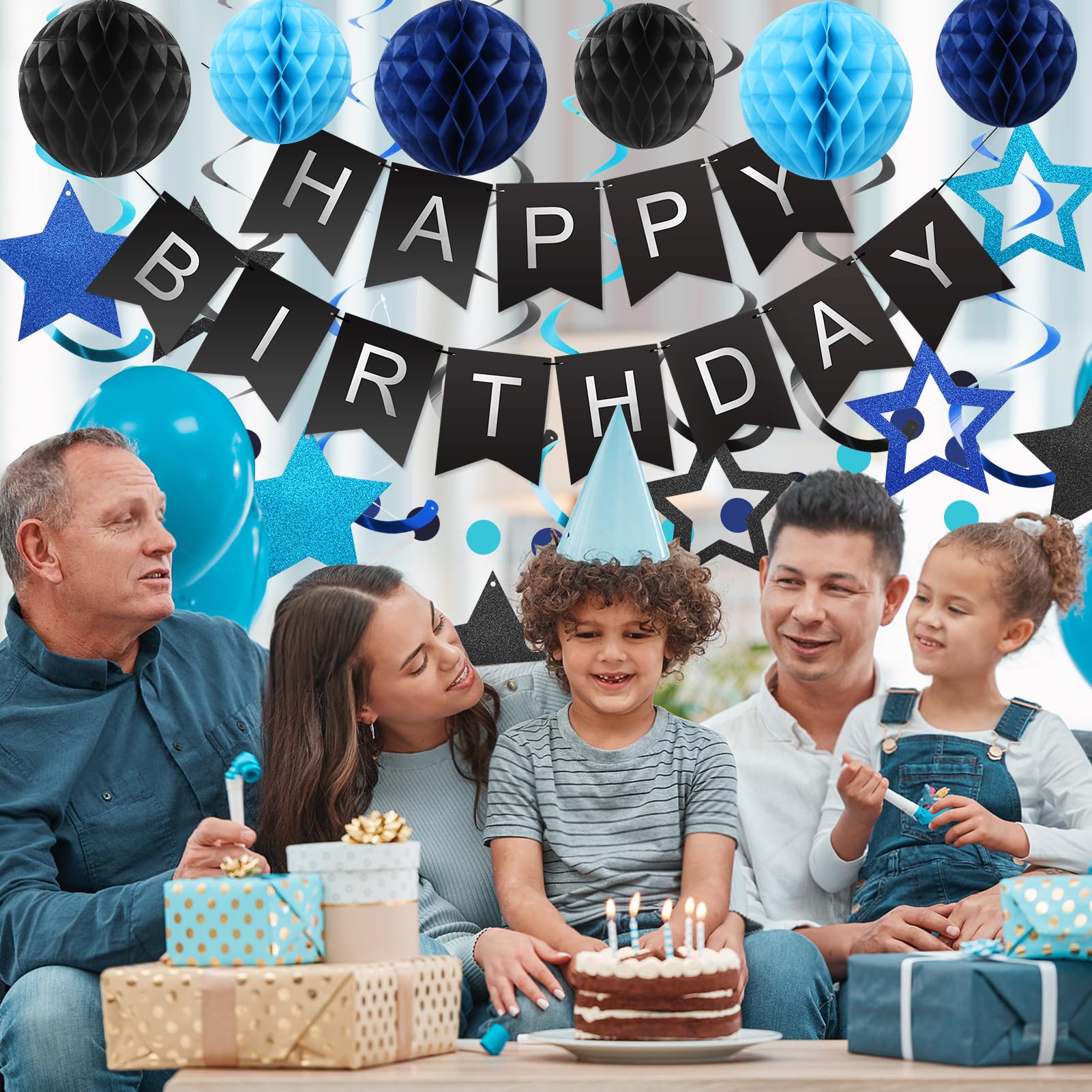 meowtastic Black & Blue Birthday Party Decorations Kit: Banner, Honeycomb Balls, Stars Streamers, Circle Garland