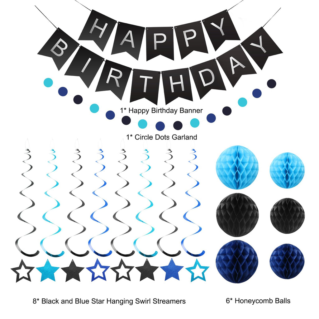 meowtastic Black & Blue Birthday Party Decorations Kit: Banner, Honeycomb Balls, Stars Streamers, Circle Garland