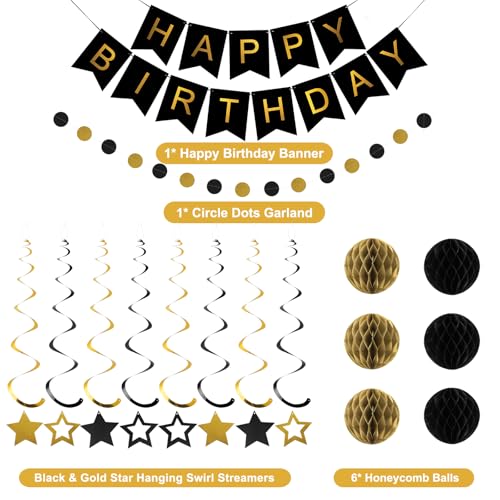 Meowtastic Black & Gold Birthday Decorations Set - 16 Piece Party Kit with Banner, Honeycomb Balls, Streamers & Garland