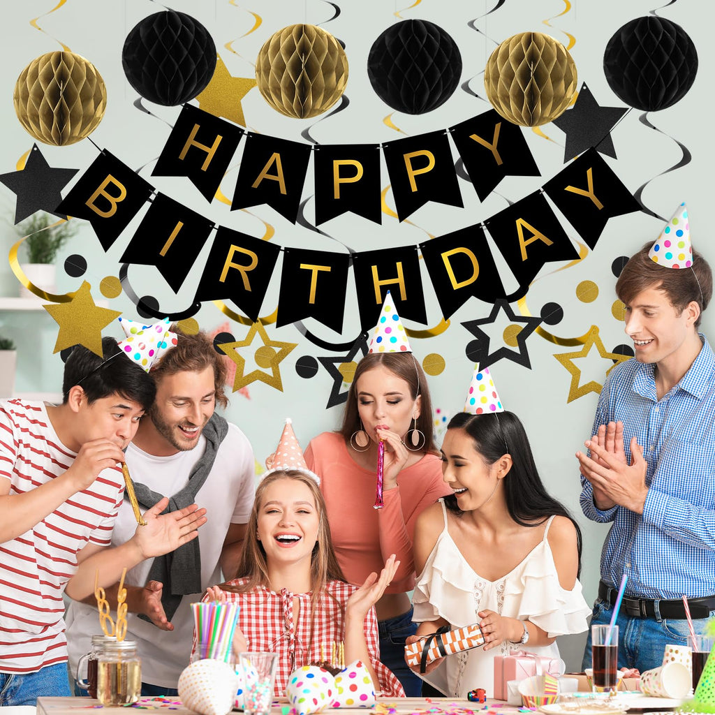 Meowtastic Black & Gold Birthday Decorations Set - 16 Piece Party Kit with Banner, Honeycomb Balls, Streamers & Garland