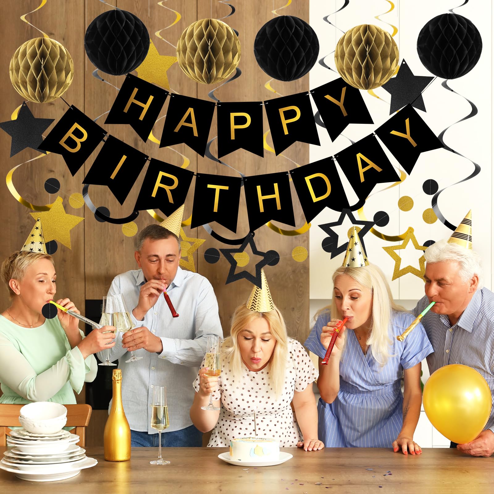Meowtastic Black & Gold Birthday Decorations Set - 16 Piece Party Kit with Banner, Honeycomb Balls, Streamers & Garland