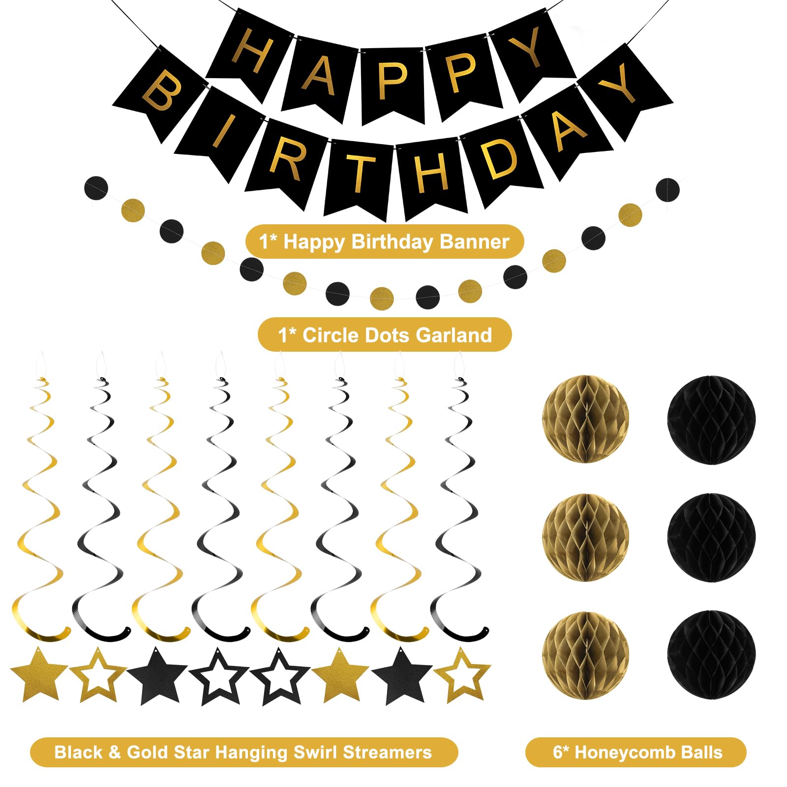 Meowtastic Black & Gold Birthday Decorations Set - 16 Piece Party Kit with Banner, Honeycomb Balls, Streamers & Garland