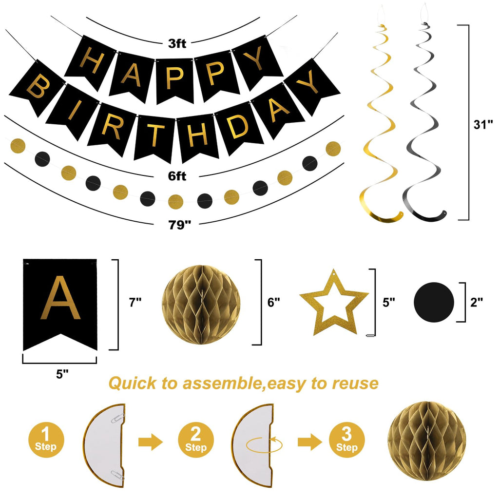 Meowtastic Black & Gold Birthday Decorations Set - 16 Piece Party Kit with Banner, Honeycomb Balls, Streamers & Garland