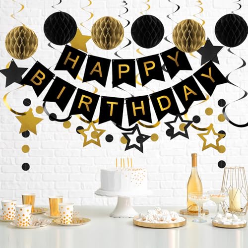 Meowtastic Black & Gold Birthday Decorations Set - 16 Piece Party Kit with Banner, Honeycomb Balls, Streamers & Garland