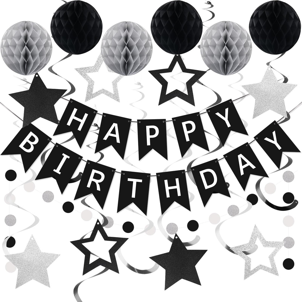 meowtastic Black & Silver Birthday Party Decoration Set – 16-Piece Includes Banner, Honeycomb Balls, Star Streamers, Circle Dot Garland