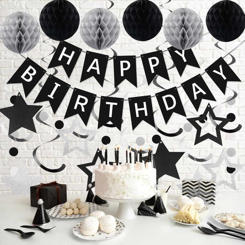 meowtastic Black & Silver Birthday Party Decoration Set – 16-Piece Includes Banner, Honeycomb Balls, Star Streamers, Circle Dot Garland